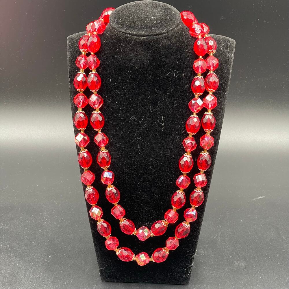 AB Plastic Faceted Beaded Double Strand Necklace Box Closure Hong Kong Vtg 18"